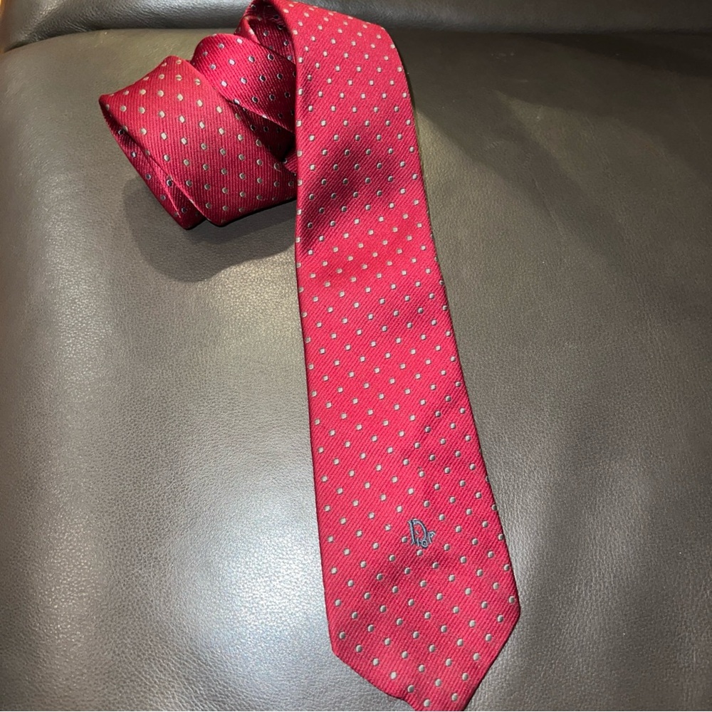 Christian Dior Red Tie Embroidered Logo Fashion Designer Vintage